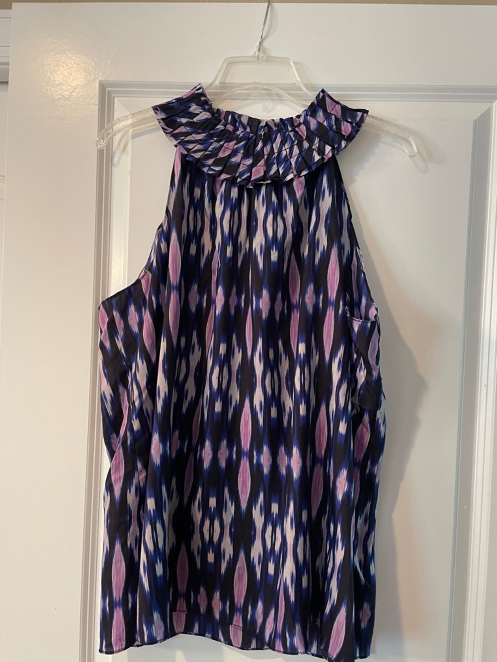 Sleeveless Ruffled Halter Top in Navy & Lavender100% silk